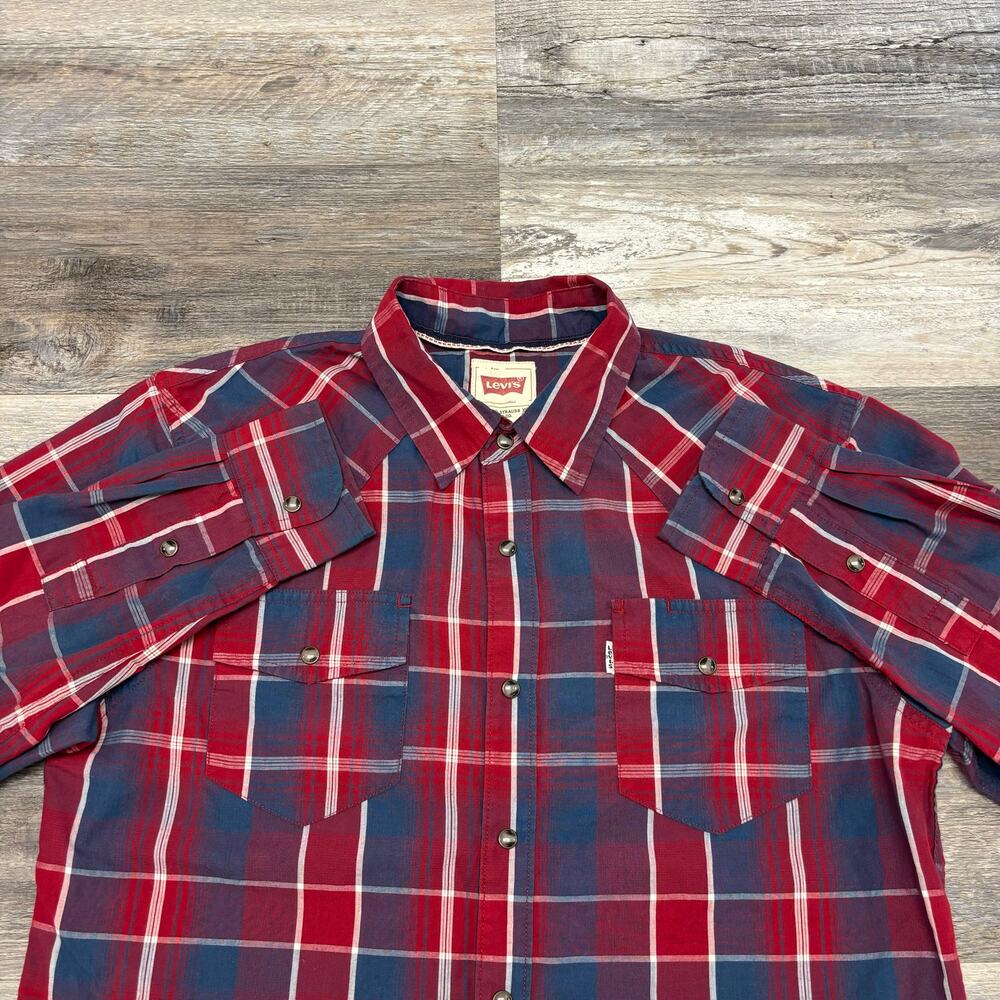 Levis Modern Tartan Plaid Red Blue Mens M Pearl Snap Cowboy Rodeo Western Shirt